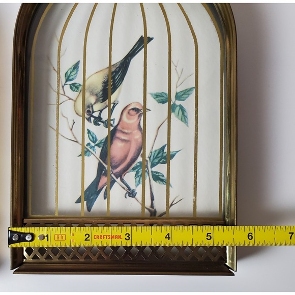 Set of two (2) Vintage Trompe L'oeil Style Framed Birds in Birdcage Brass Decor - Picture 3 of 11